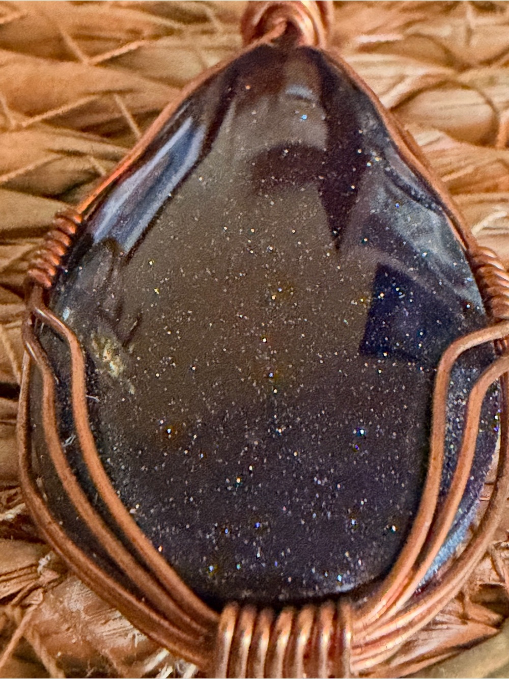 Handmade Blue Goldstone Wire-Wrapped Teardrop Pendant